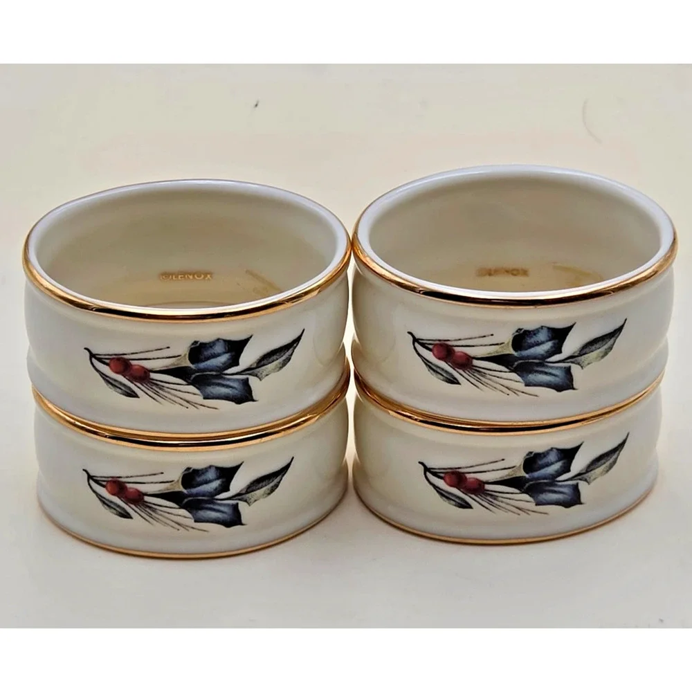 Lenox Winter Greetings Napkin Ring Set of 4 Ivory Porcelain Holly Berry Gold Rim